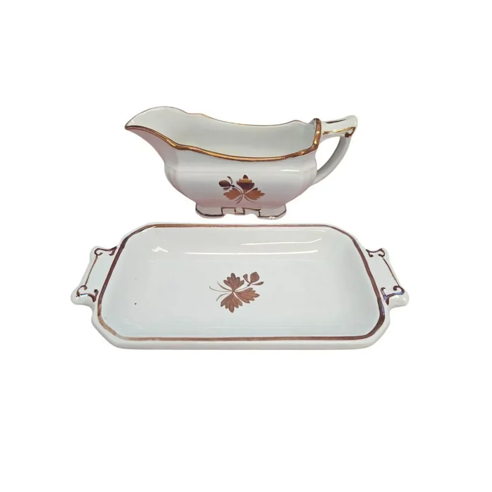 Meakin Tea Leaf Copper Luster Gravy Boat and Underplate, Ironstone
